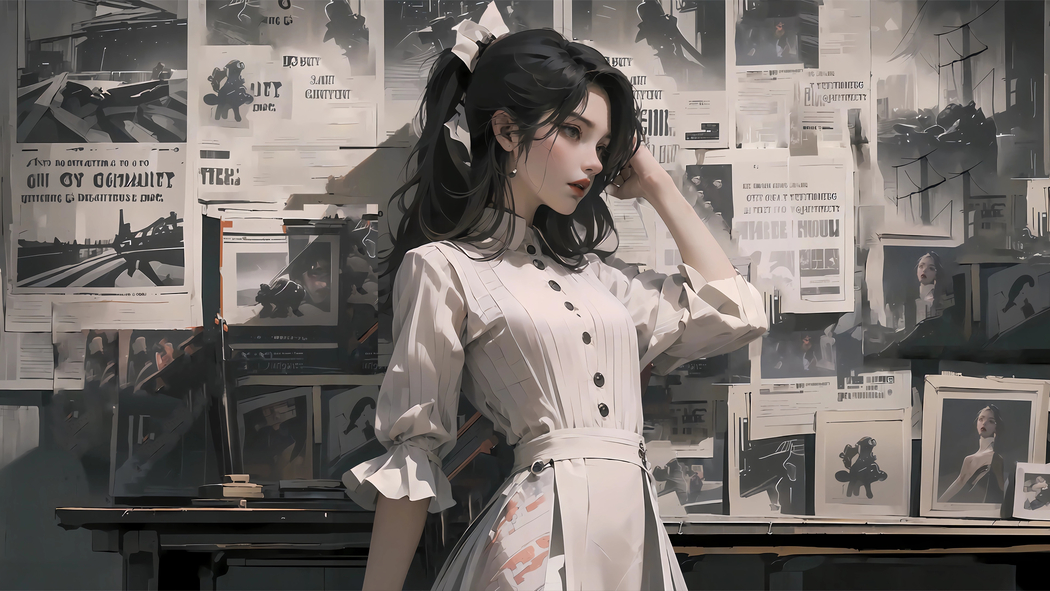 报纸墙少女黑白裙装4K超清壁纸 3840x2160下载
