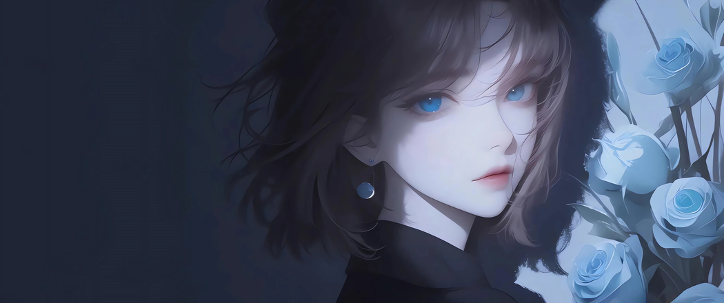 短发女孩与蓝玫瑰动漫壁纸，3440x1440高清带鱼屏下载