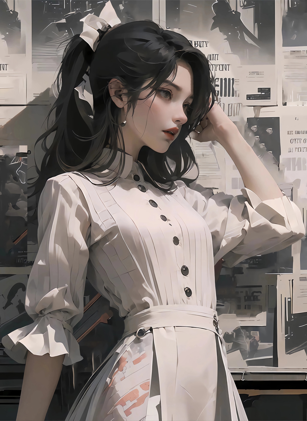 报纸墙少女动漫裙装4K竖屏高清壁纸，2800x3840手机图片下载