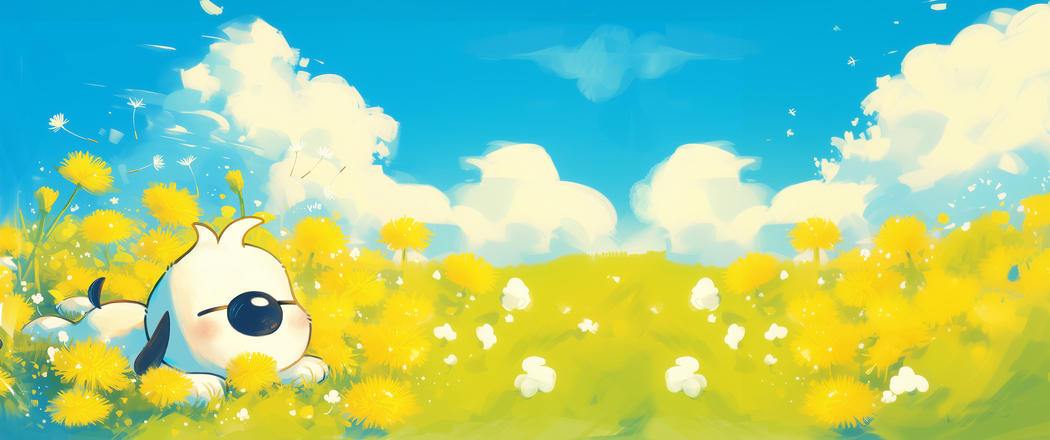 辛巴狗主题3440x1440高清带鱼屏壁纸，蓝天草地鲜花美景尽收眼底