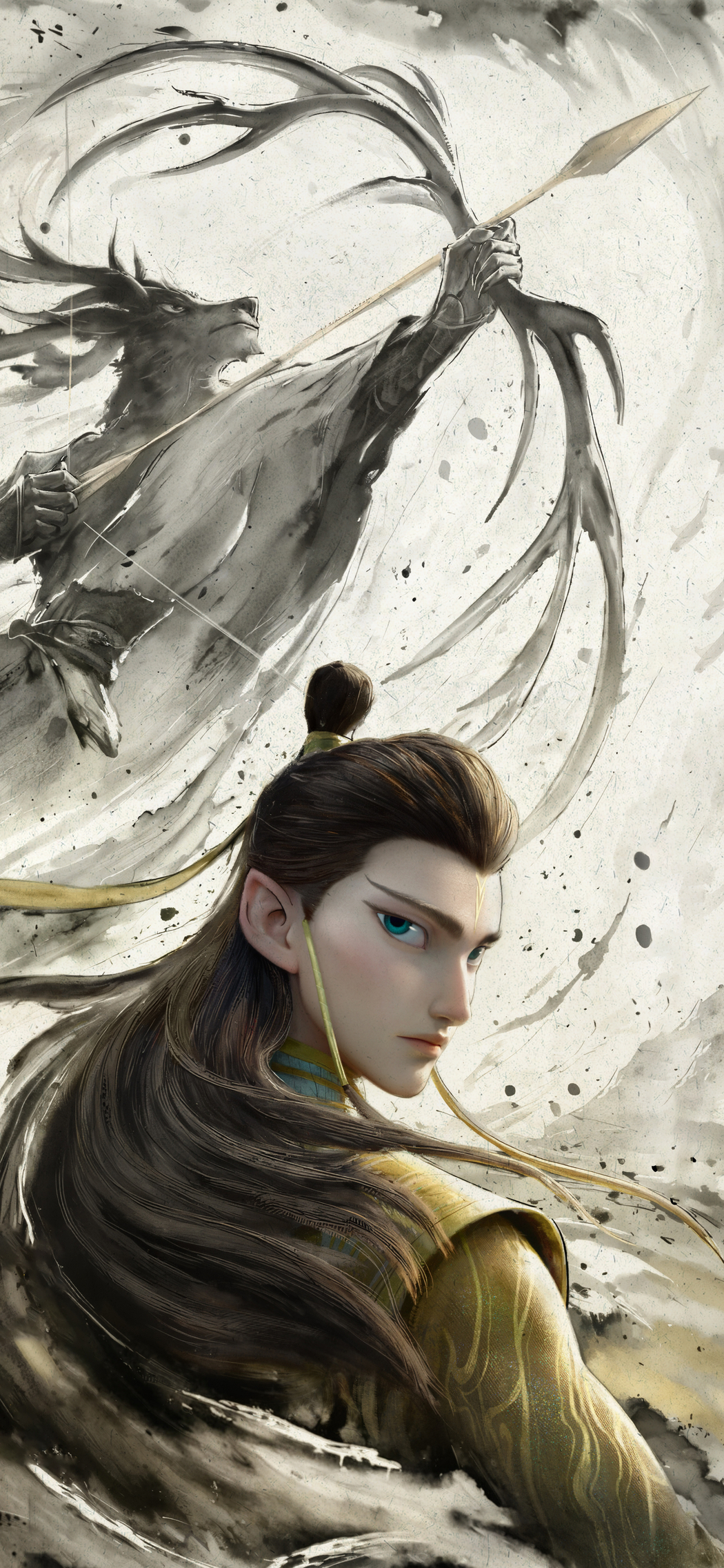 哪吒魔童闹海鹿童水墨画 手机壁纸 4K/5K高清下载 2522x5460