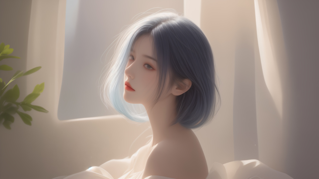 唯美短发女孩与绿植共融 4K高清壁纸 3840x2160 下载