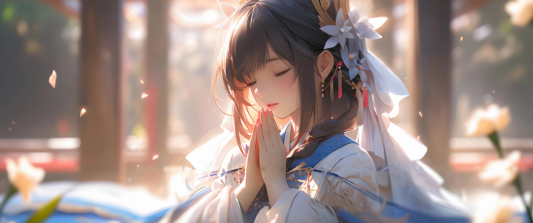 4K高清动漫壁纸，双手合十许愿的女孩，带鱼屏3440x1440分辨率下载