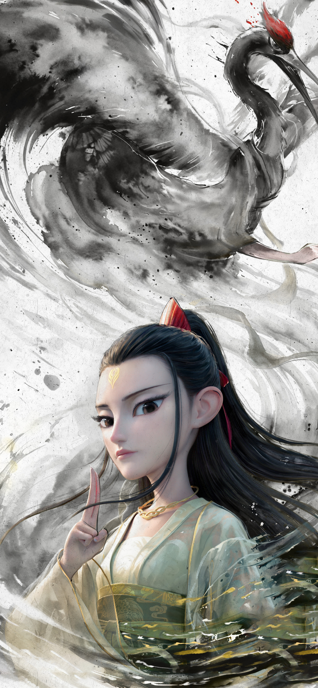 哪吒魔童闹海鹤童水墨画 手机壁纸4K/5K 高清2522x5460 下载