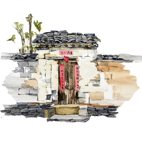高清PNG农家大门水彩画素材，含元旦春节元宵节日元素，透明图片下载