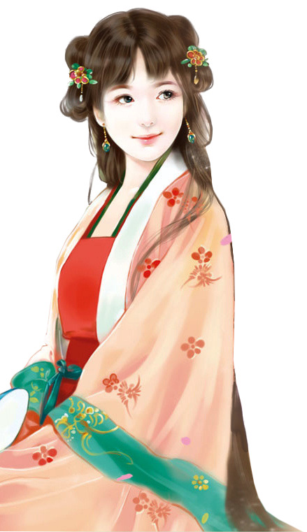 古风绿衣女子微笑立绘，高清PNG透明漂浮花瓣元素设计素材下载