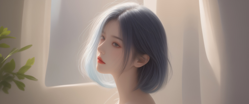 唯美短发女孩与绿色植物 3440x1440带鱼屏高清壁纸下载