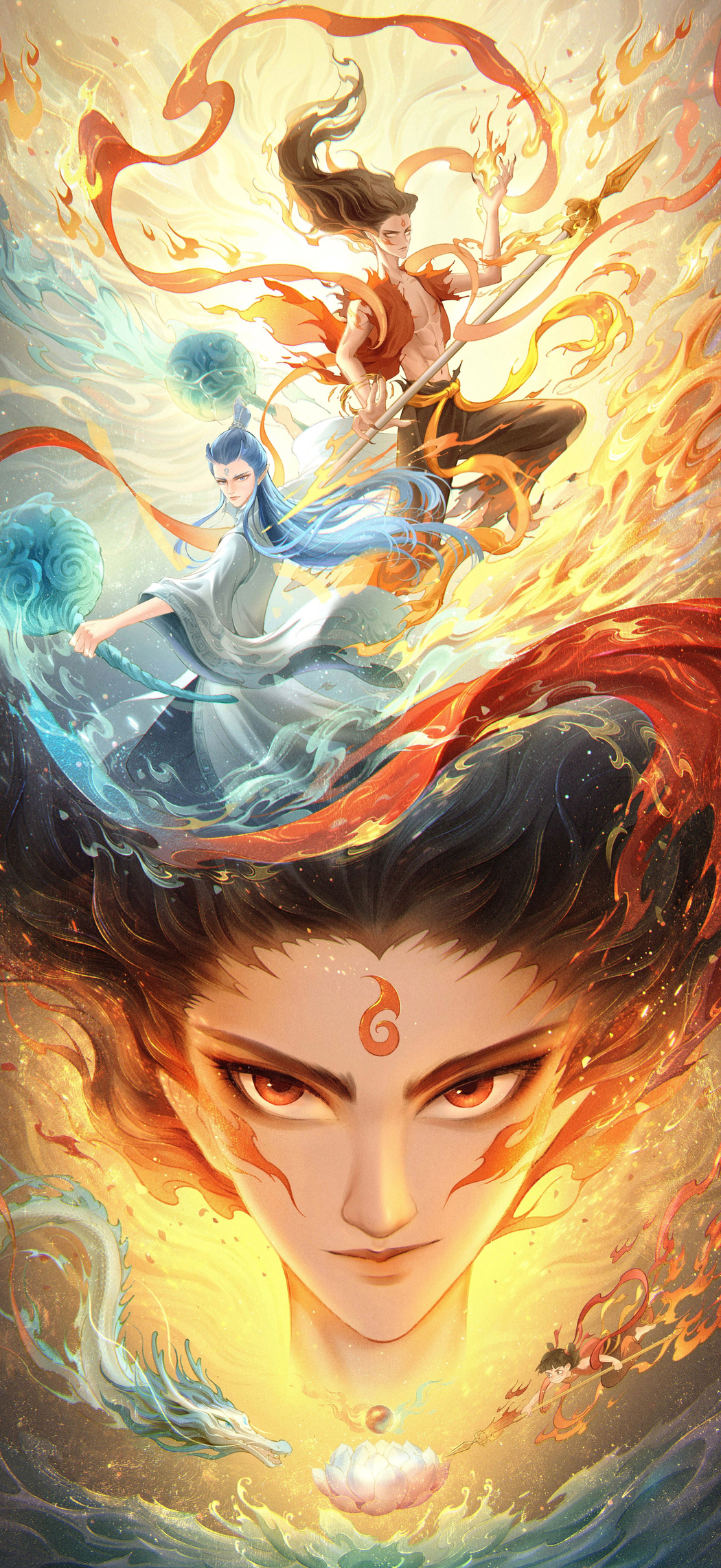 哪吒敖丙4K高清手绘插画手机壁纸，1767x3840分辨率免费下载