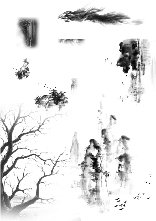 高清国画墨迹花朵树枝PNG透明素材，设计装饰元素笔触图片下载