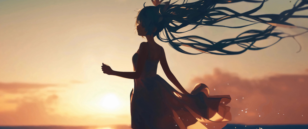 黄昏海景初音未来4K带鱼屏壁纸，3440x1440高清动漫图片下载