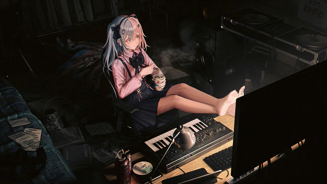 暗色系4K高清壁纸，女孩房间面条电脑动漫图片，3840x2160分辨率下载