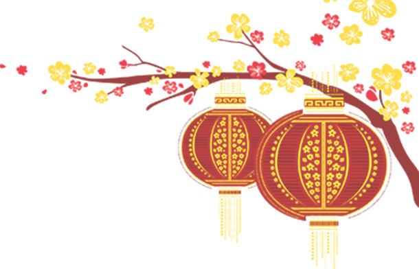 手绘红灯笼挂树枝高清PNG透明素材，中秋节节日元素设计图下载