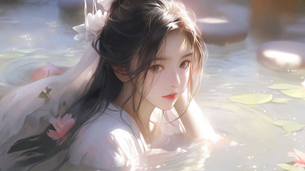 水中古风美女花卉唯美4K壁纸，3840x2160高清动漫图片下载