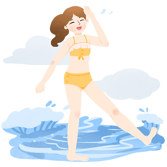 手绘夏日海滩女孩戏水插画，高清PNG透明图片，节日元素设计素材下载