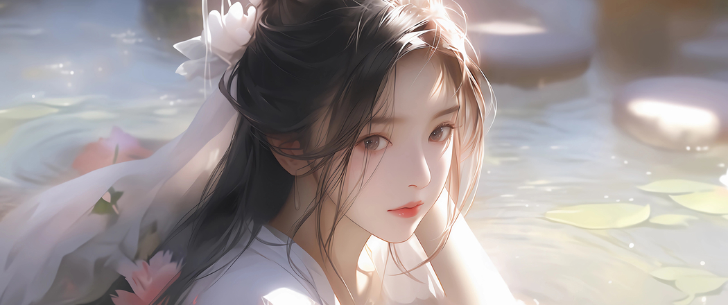 水中古风美女4K带鱼屏壁纸，3440x1440高清动漫图片下载