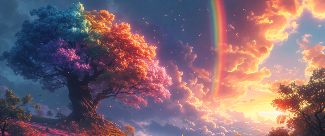 超高清4K带鱼屏壁纸，树木与彩虹风景 3440x1440 下载