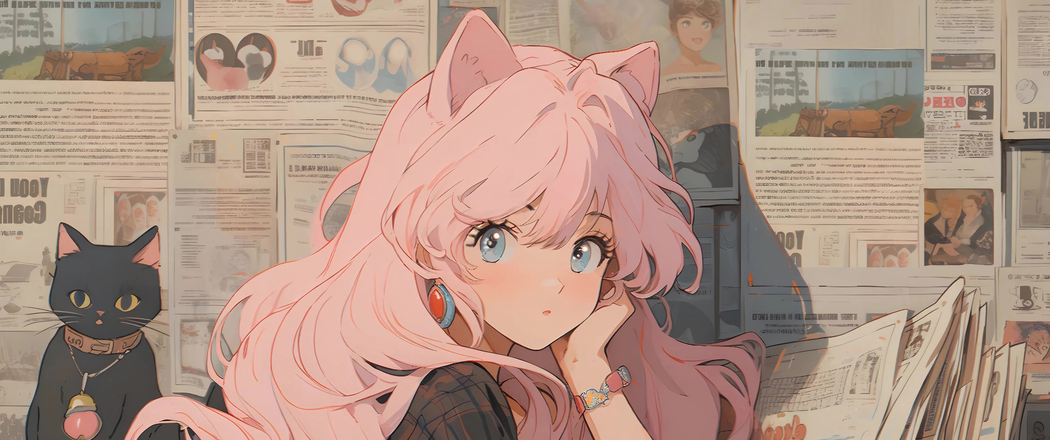 4K高清动漫壁纸，报纸墙兽耳少女托腮带鱼屏3440x1440