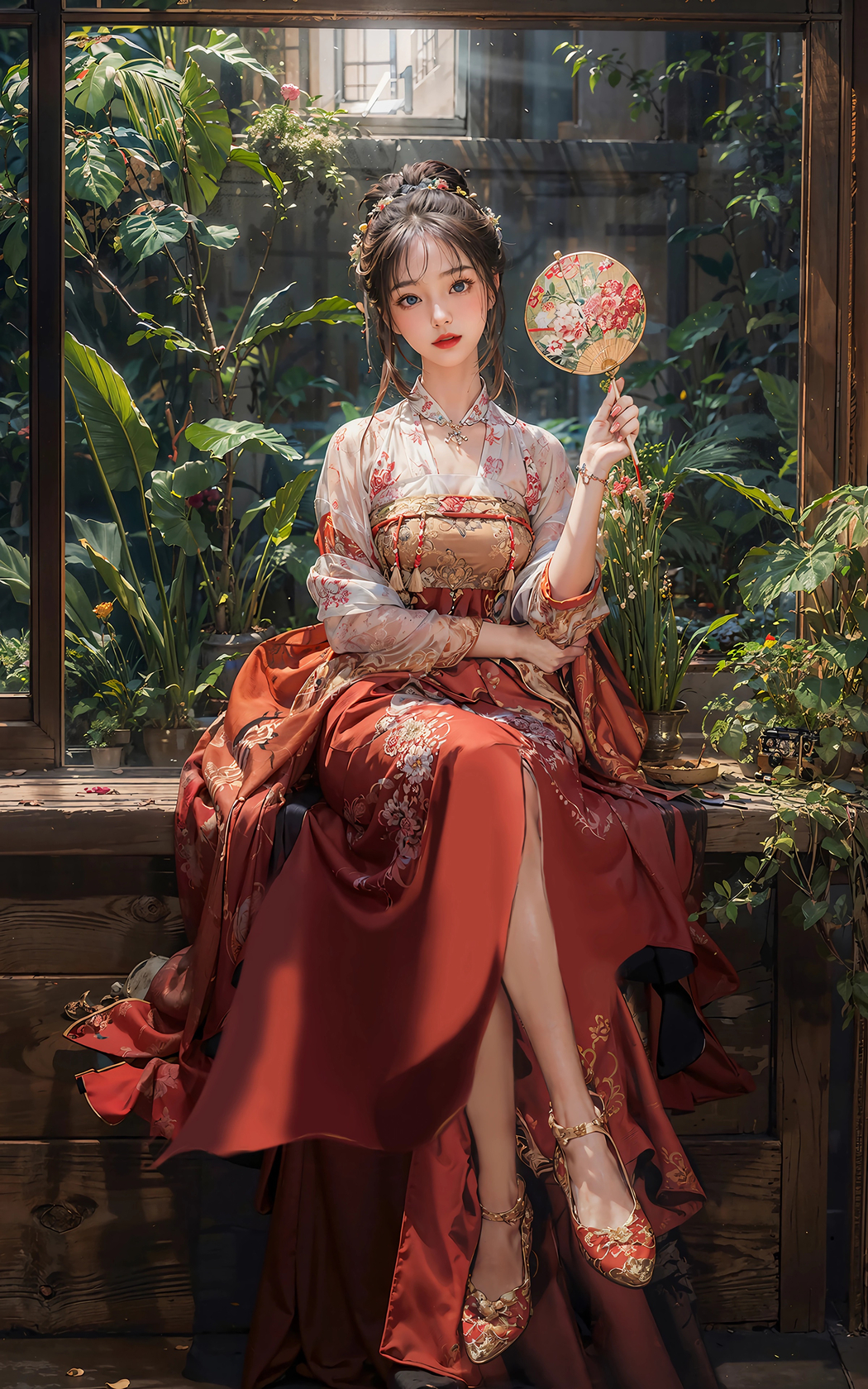 古风美女着红裙持扇 4K超清手机壁纸 2400x3840 下载