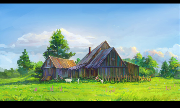 手绘小山村房屋美景PNG素材，高清透明背景卡通图片下载