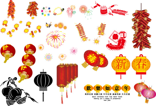 高清PNG灯笼烟花爆竹春节元素图，节日设计素材免费下载