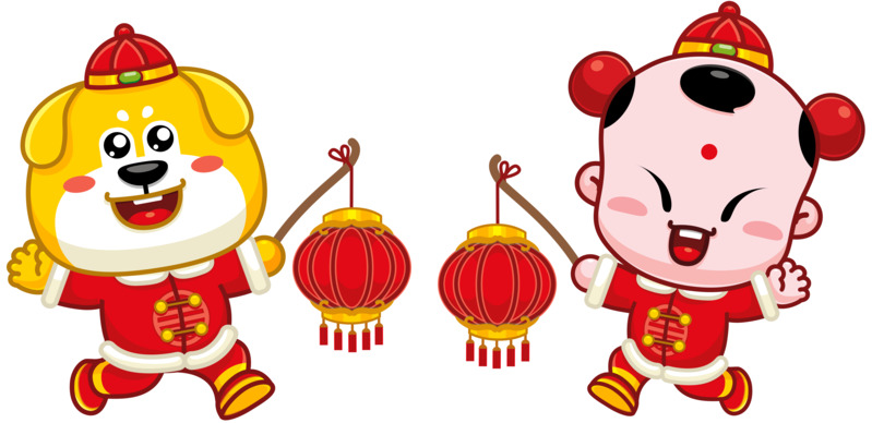 高清PNG童子金狗拜年手绘灯笼，透明节日元素素材下载（元旦/春节/元宵）