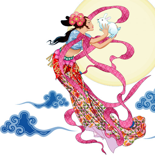 中秋节高清PNG素材，月亮、美女、白兔，节日元素设计图下载
