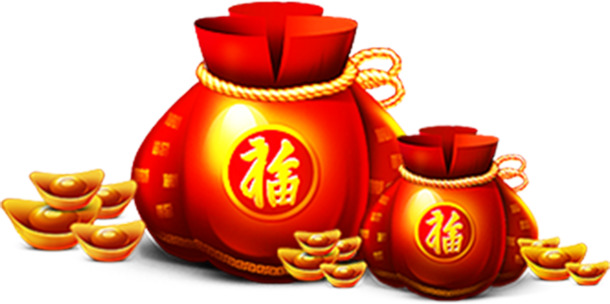 红色福袋金元宝PNG透明图，元旦春节元宵节日素材下载