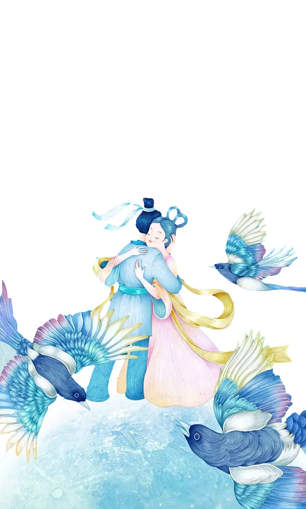 蓝色唯美七夕节牛郎织女喜鹊高清PNG透明素材下载