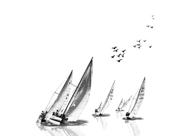 高清黑白帆船大雁PNG素材，透明装饰元素与墨迹笔触设计下载