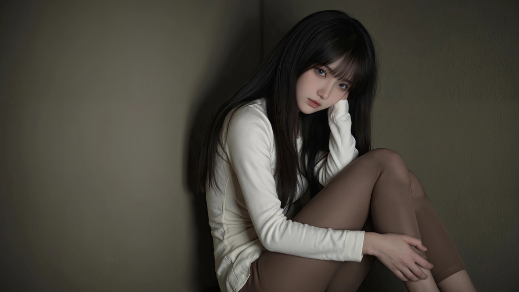 坐在墙角的长发美女4K高清壁纸下载（3840x2160分辨率）