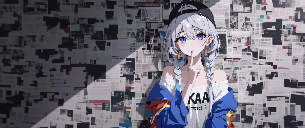 琪亚娜4K带鱼屏壁纸，报纸墙主题3440x1440高清动漫图片下载