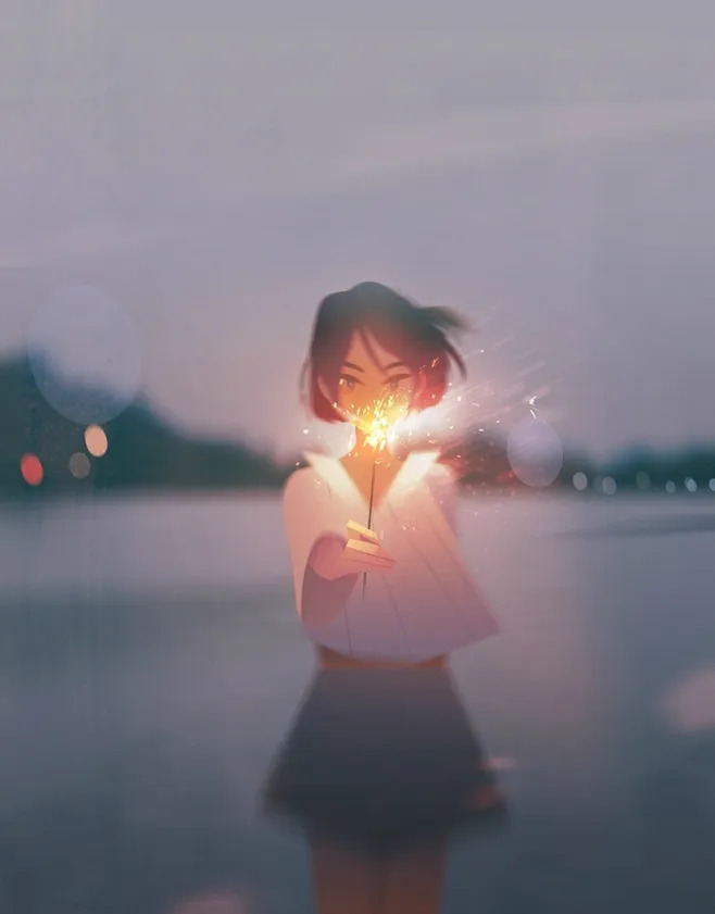 少女放烟花高清PNG卡通手绘背景素材下载