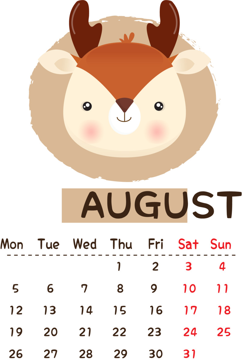 8月可爱呆萌麋鹿日历PNG透明免扣素材下载