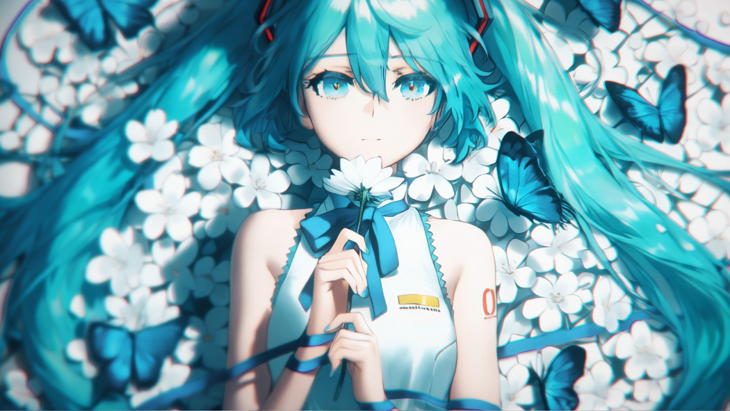 miku初音未来 4K高清壁纸，白色花瓣与蝴蝶，3840x2160分辨率下载