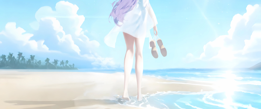 海边唯美动漫女孩亚津子4K带鱼屏壁纸高清下载 3440x1440