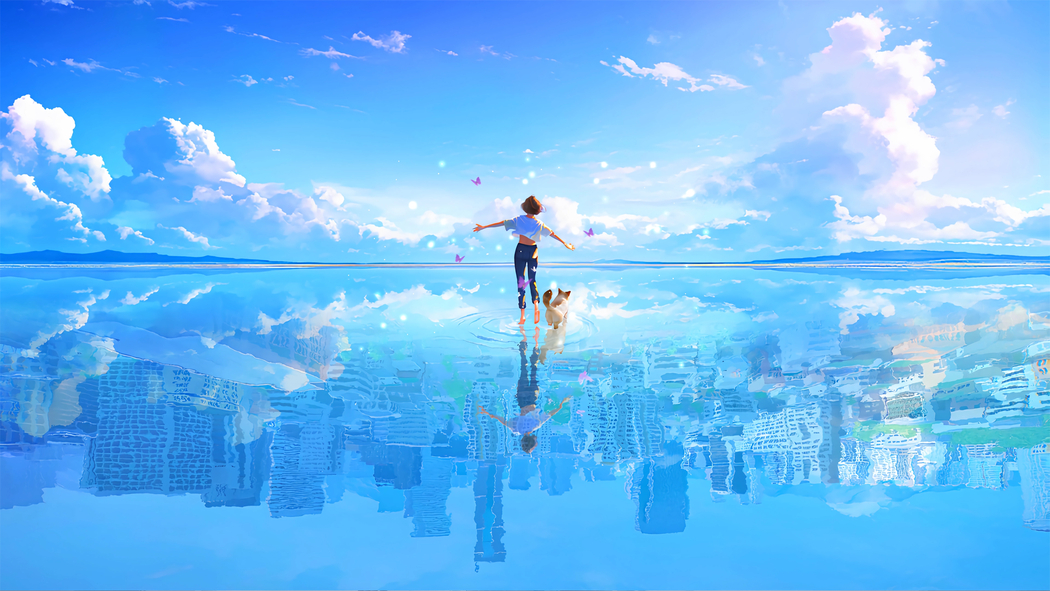 4K高清壁纸，女孩小狗背影，天空海水倒影美景，3840x2160分辨率下载