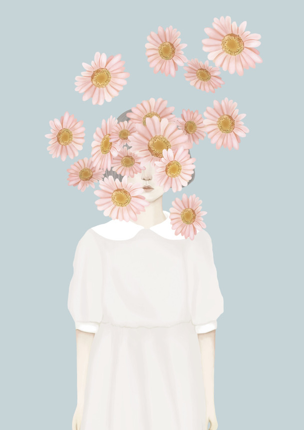 女孩与淡雅粉色花朵插画，高清PNG透明背景H5设计素材下载