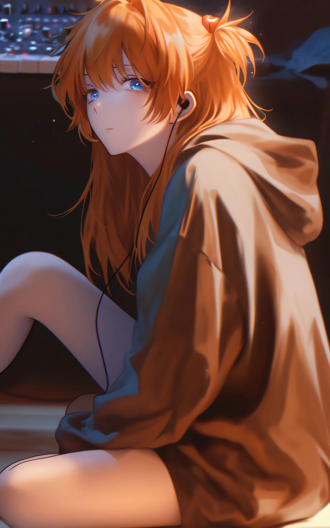 4K高清手机壁纸，动漫女孩坐地板听音乐，全屏2400x3840图片下载