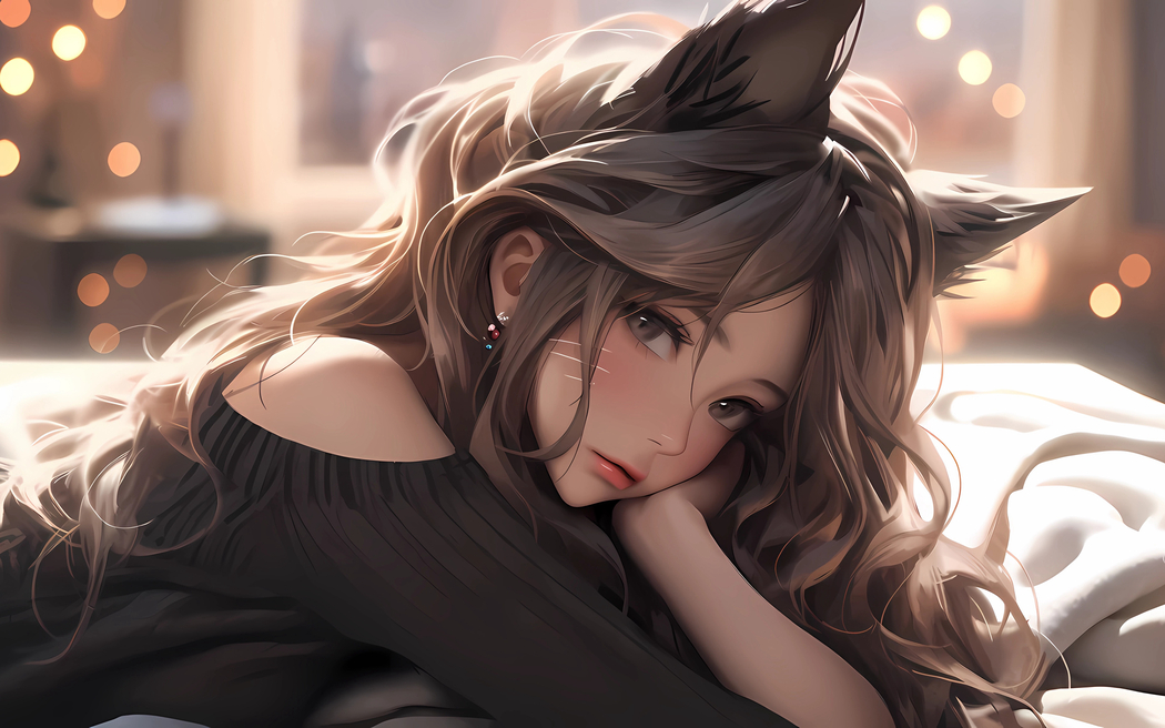 猫耳动漫少女托腮4K超高清壁纸（3840x2400）下载