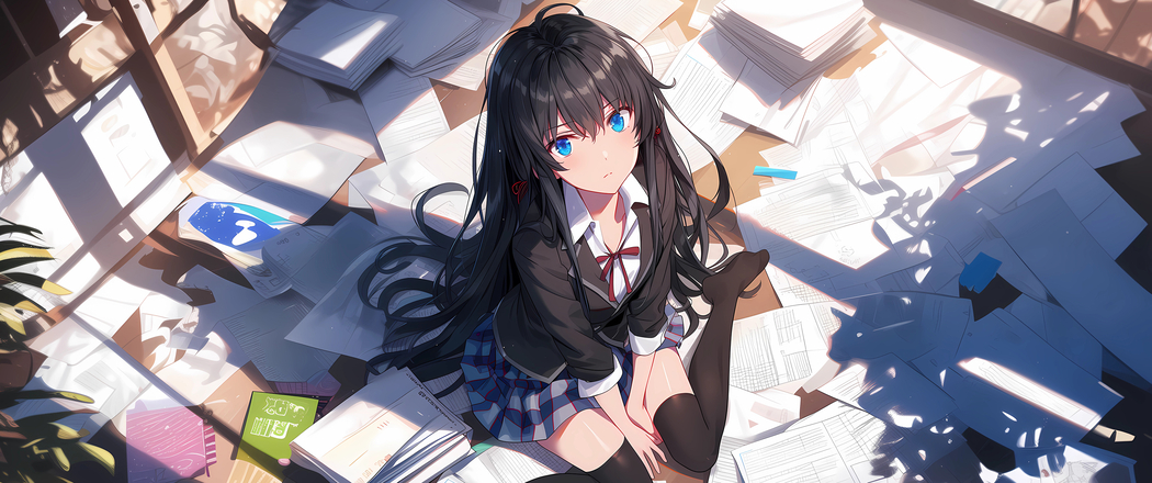 雪之下雪乃4K动漫壁纸，蓝色眼眸长发美女，带鱼屏3440x1440高清下载