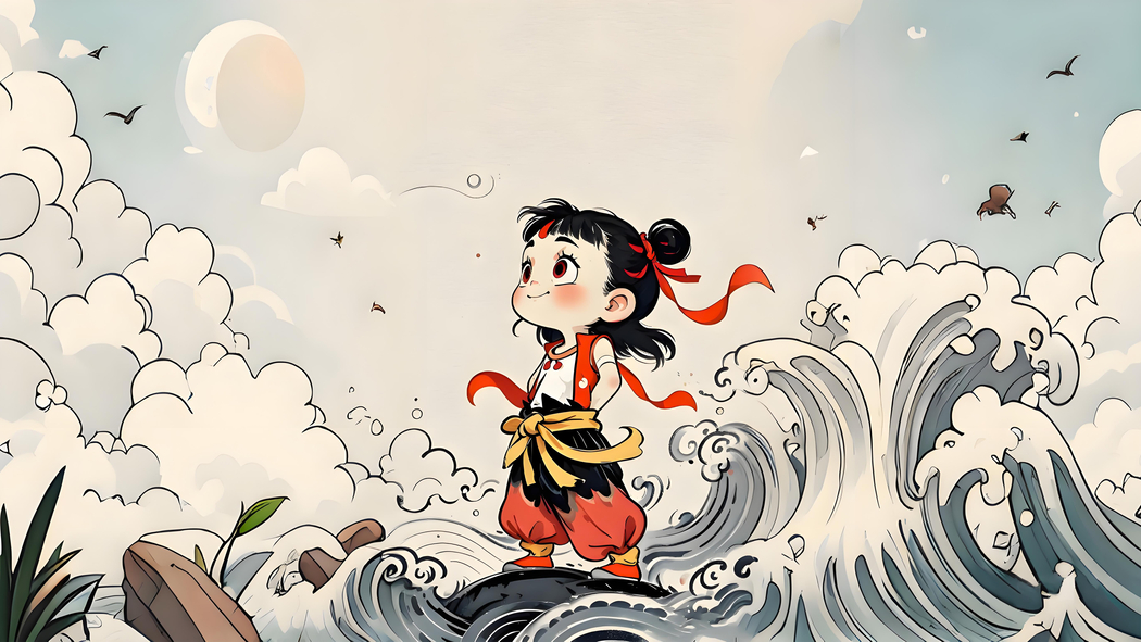 可爱小哪吒海浪4K高清壁纸 3840x2160 下载