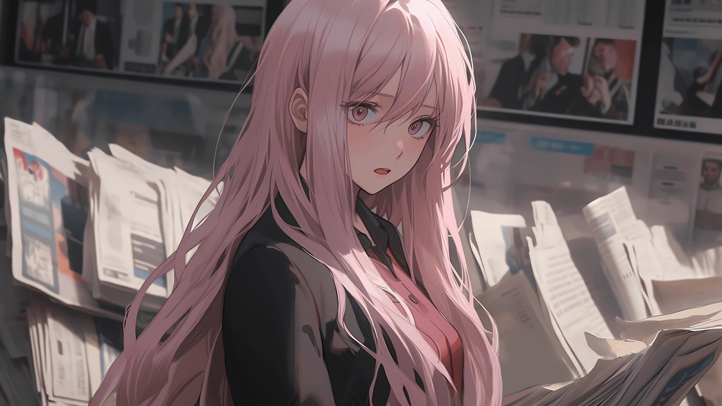 粉色长发女孩报纸墙 4K超清动漫壁纸 3840x2160 下载