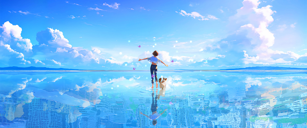 女孩与小狗倒影于海天之间，3440x1440高清带鱼屏壁纸下载