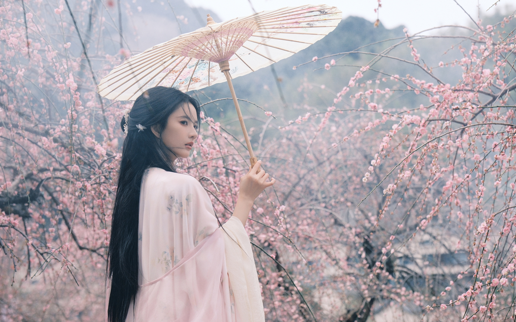 刘些宁古风美女油纸伞樱花4K超清壁纸3840x2400下载