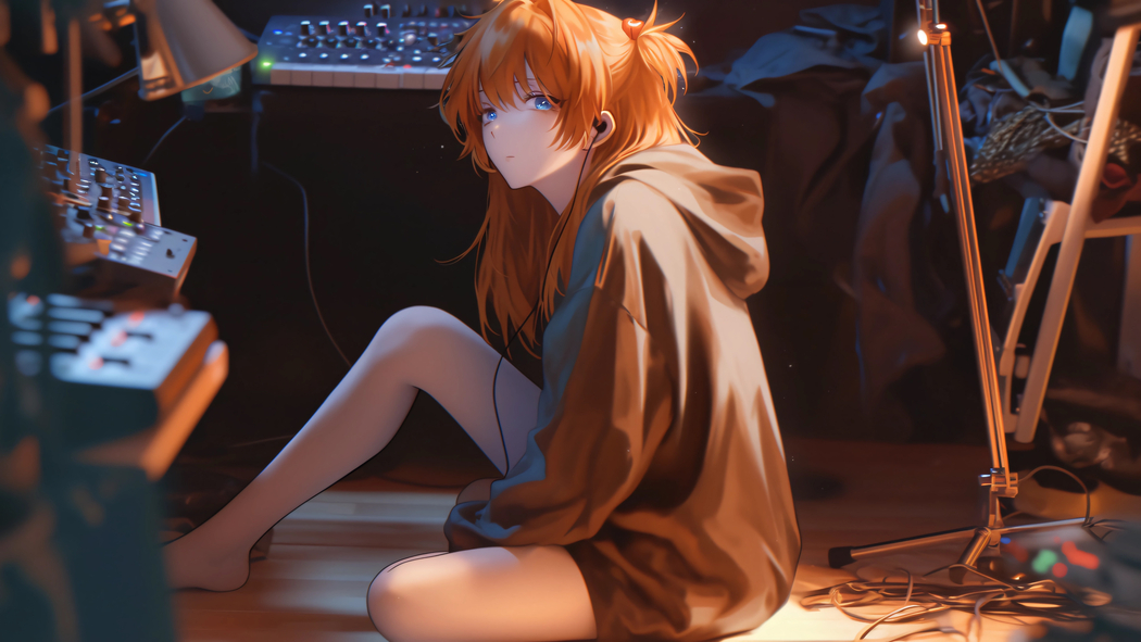 4K高清壁纸，听音乐动漫少女坐地板，3840x2160分辨率下载