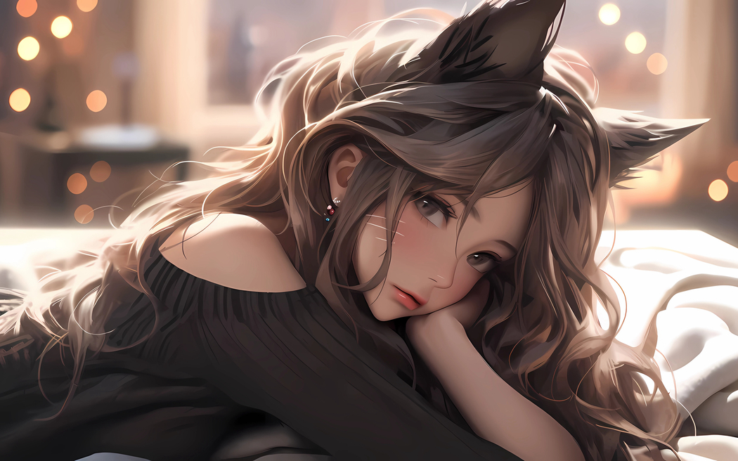 猫耳动漫少女托腮3200x2000高清壁纸，全屏适配电脑平板笔记本