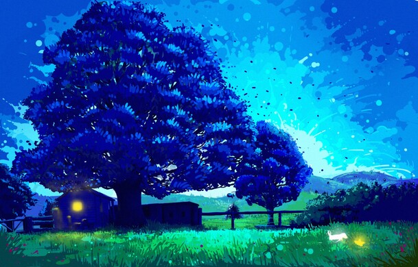 水彩蓝色梦幻物语插画素材，高清PNG透明背景抽象元素下载
