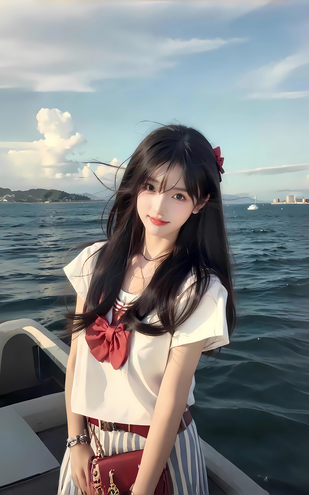 可爱长发女生与海上船只 4K高清手机壁纸全屏下载 2400x3840