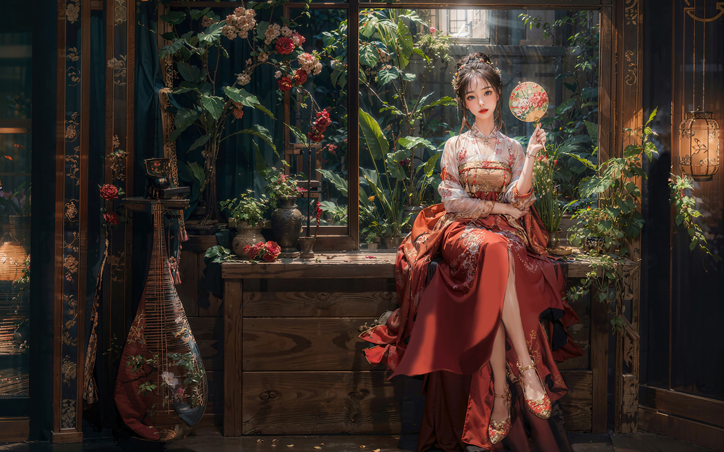 古风美女红衣执扇 3200x2000高清全屏壁纸 下载适用于电脑平板笔记本