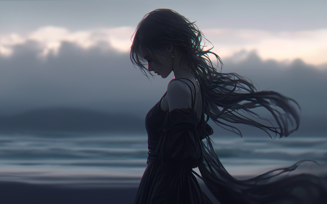 暗色系长发女孩黑衣裙动漫壁纸，3200x2000高清全屏，适配平板笔记本